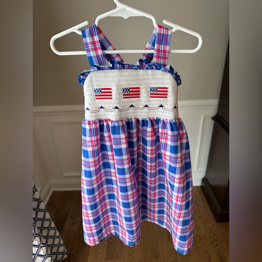 Boutique Red White Blue Smocked American Flags Patriotic Dress size 5 - Picture 9 of 9